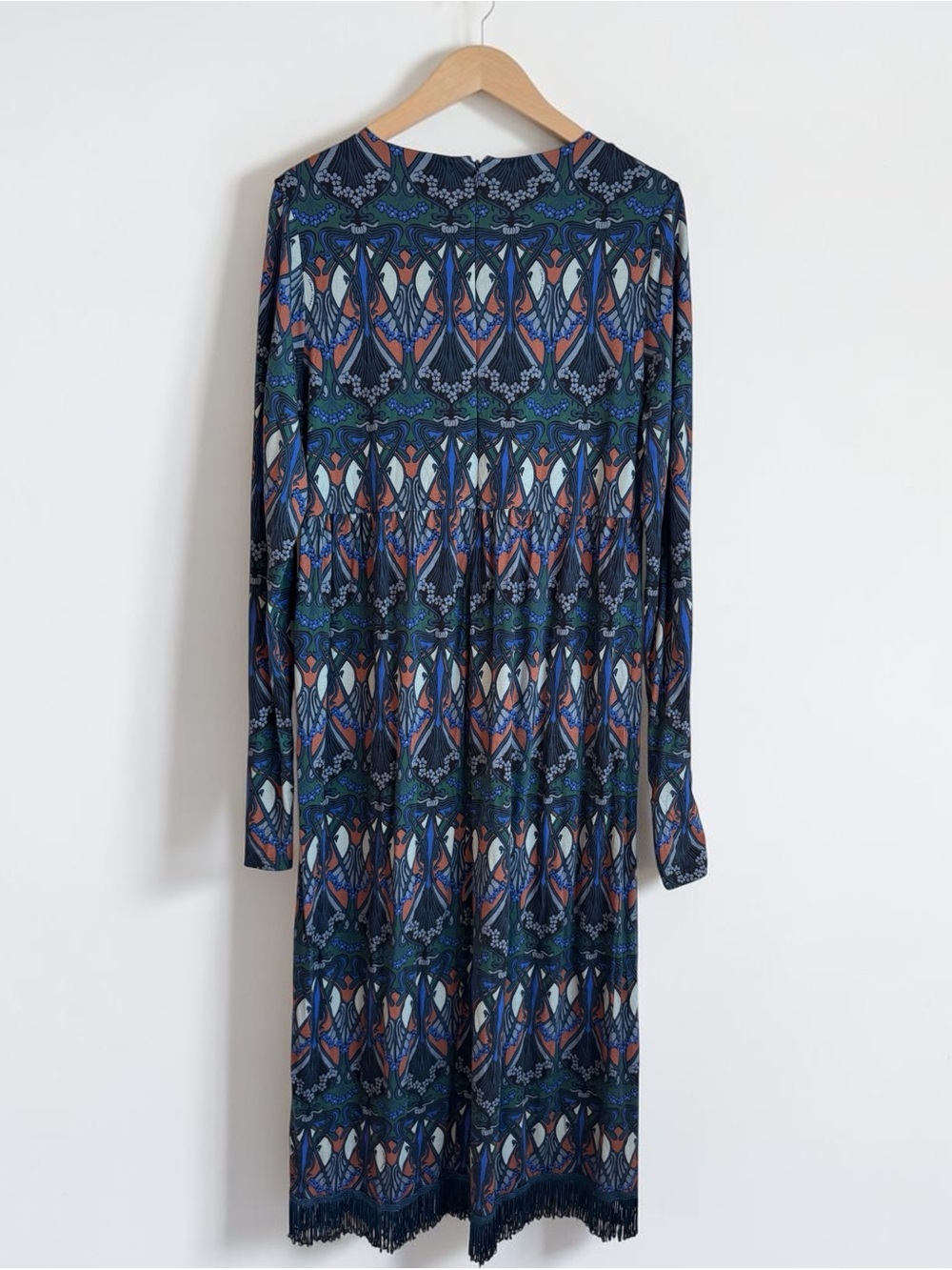 Cara Cara Liza Long Sleeve Printed Midi Dress fringe hem - Navy Multi